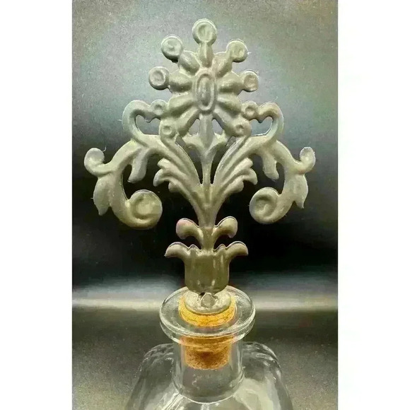 Perfume Bottle with Handblown Wide Glass Base, Metal Floral Accent Cork Stopper - Picture 6 of 8